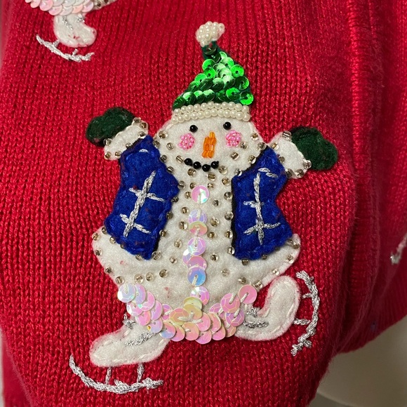 Vintage Tiara Sequence Ice Skating Snowman Xmas Cardigan Sweater By Tiara ,PXL - Picture 13 of 14